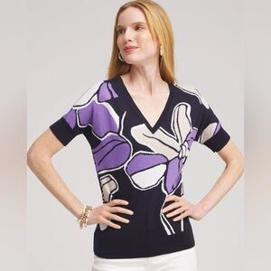Chico's Navy Blue Purple White Floral Dolman Pullover V-neck Sweater Feminine